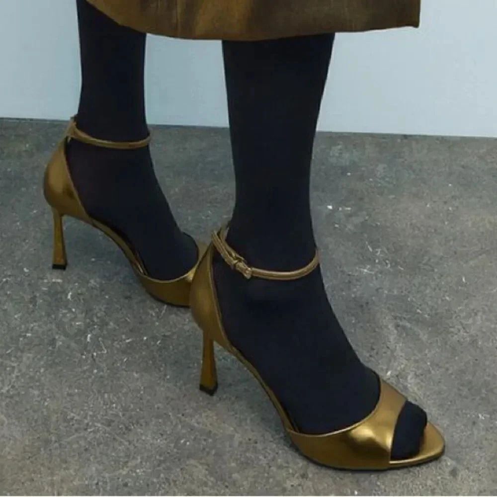 ZARA ANKLE STRAP HEELED METALLIC SANDALS
